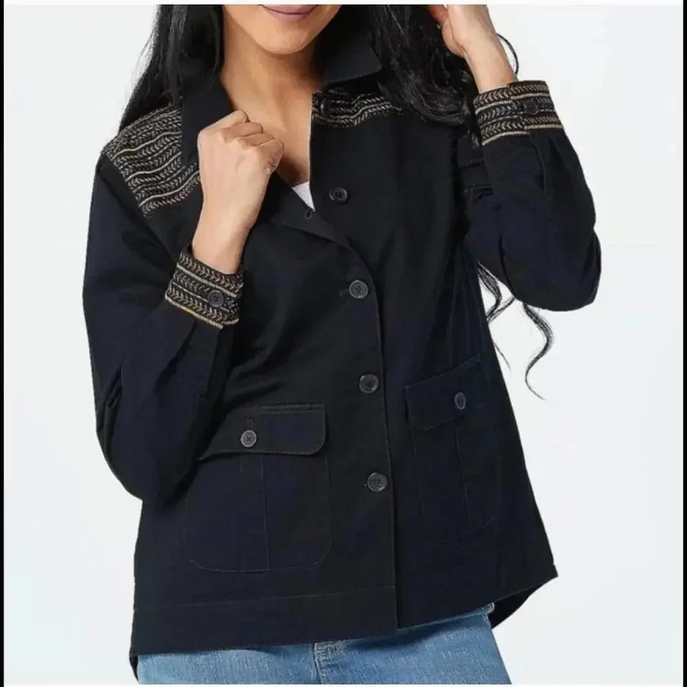 NEW Denim & Co. Cotton Twill Utility Jacket with Embroidery Women's Size XL - Picture 2 of 15